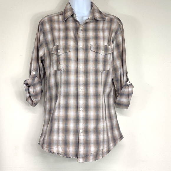 J. Ferrar Small Modern fit button down Tan Gray & white plaid long sleeved Top - Picture 9 of 9